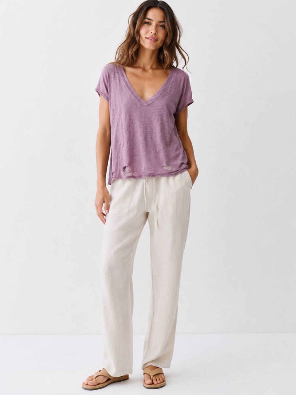 We The Free Mauve Distressed V-Neck Short Sleeve Tee